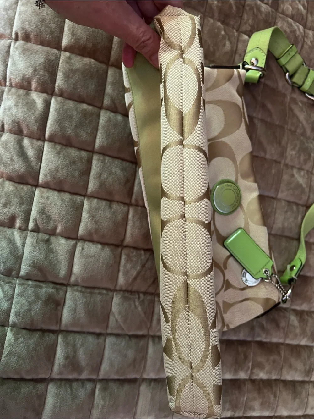 Coach Khaki Signature Crossbody with Lime Trim